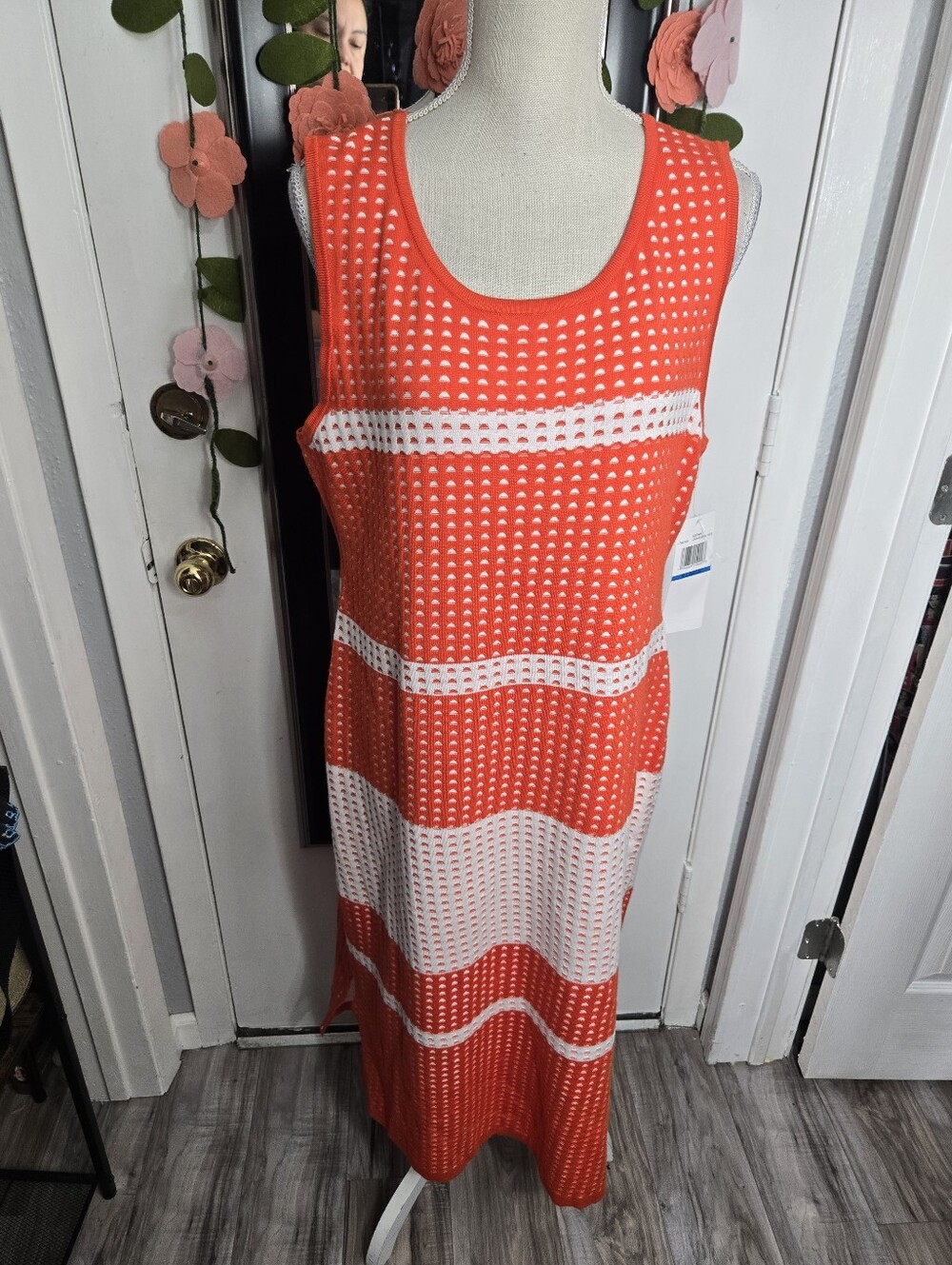Nina Leonard Sleeveless Midi Dress Orange And White NWT Sz XL